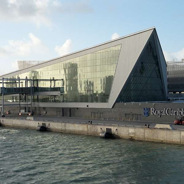 Pérez Art Museum Miami with its angular concrete facade on Biscayne Bay, Florida, USA