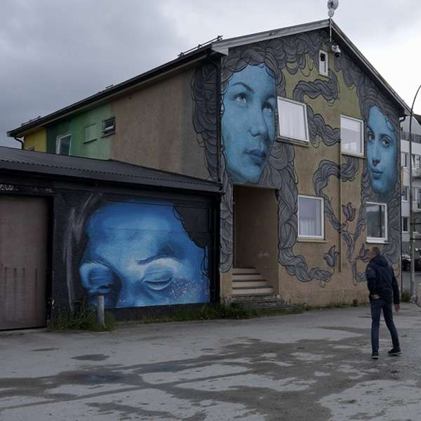 Street-art mural of faces on the wall of a building in Sandnessjøen, Norway