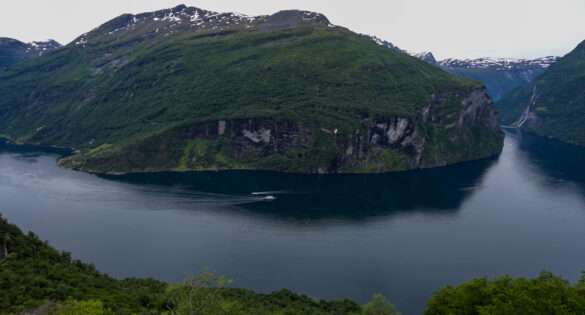 Geirangerfjord from the Eagle Bend viewpoint on the Ørnevegen road, the fjord stretching into the distance, Norway