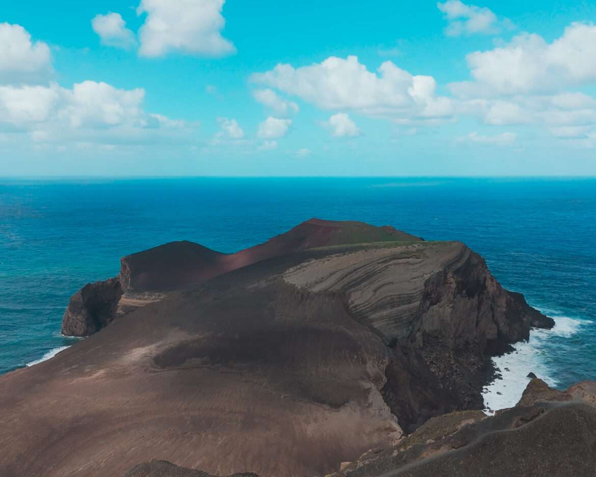 The Capelinhos cone and its ash slopes above the turquoise Atlantic, Faial, Azores