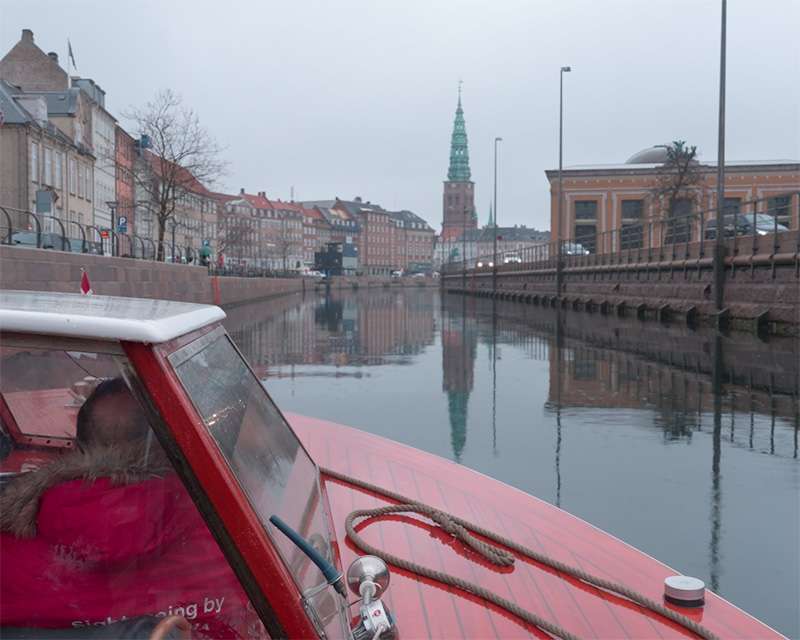 View forward from inside a low canal tour boat on Copenhagen's inner harbour