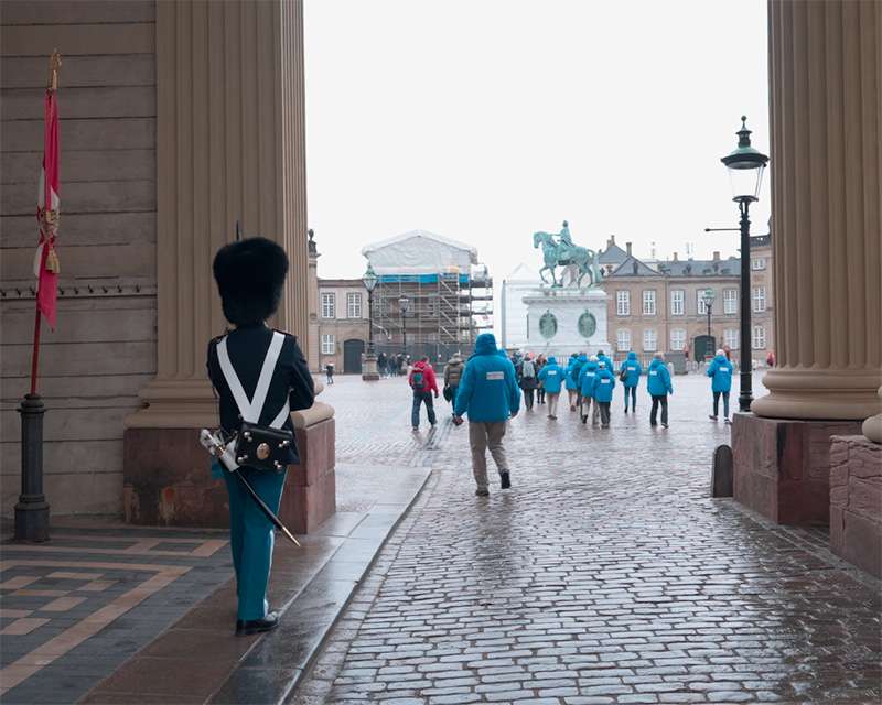 A Royal Life Guard in a bearskin cap on sentry duty at Amalienborg, Copenhagen