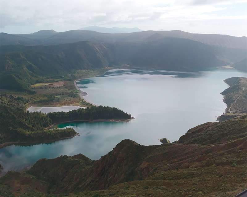Lagoa do Fogo filling the inner caldera of the Água de Pau volcano under low cloud, São Miguel