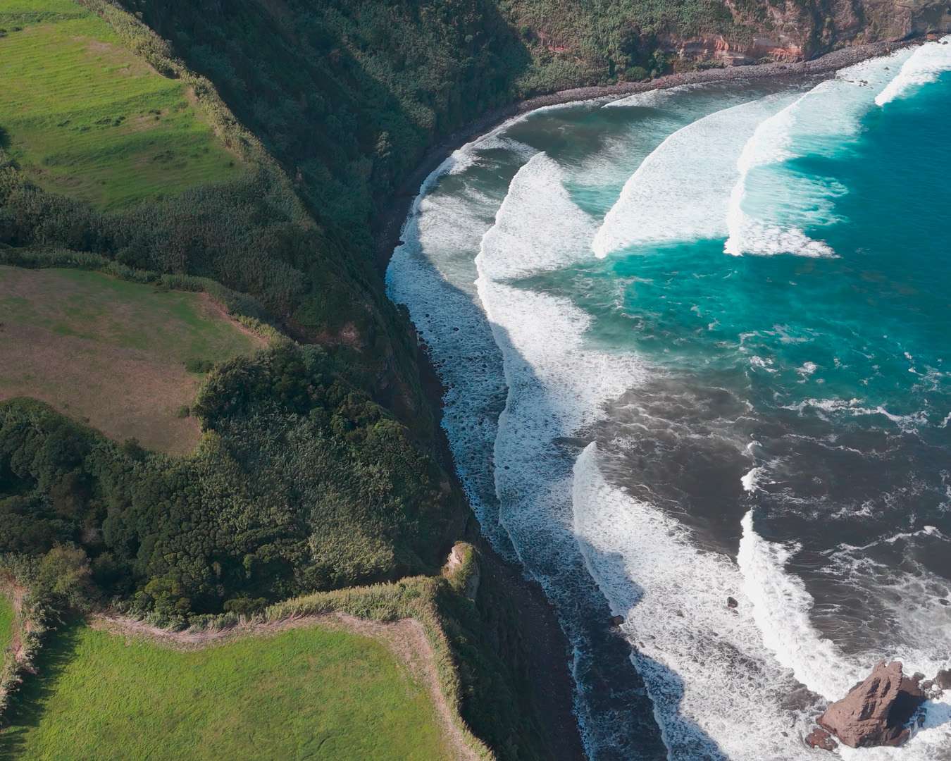 Black sand beach and surf below green fields on the north coast of São Miguel, seen from above