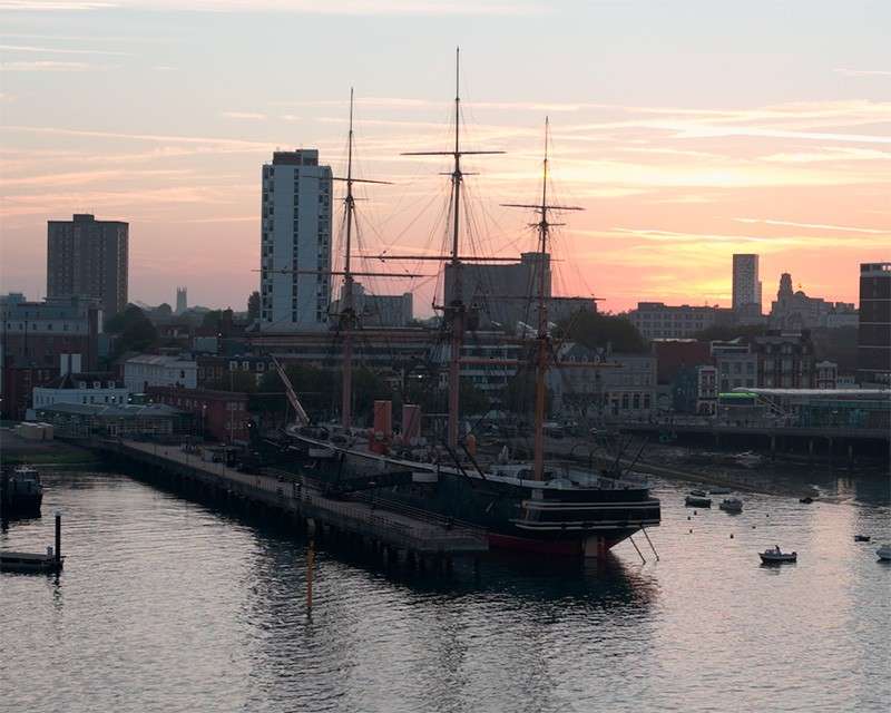 HMS Victory in Portsmouth Historic Dockyard at sunrise