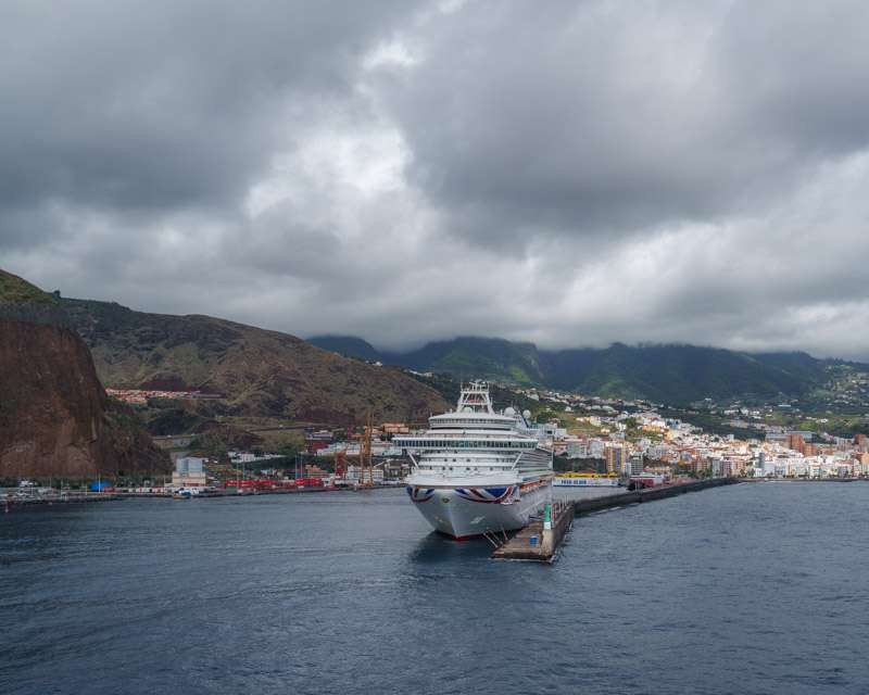 MS Amadea alongside at Santa Cruz de La Palma under heavy cloud sitting on the ridge behind the town