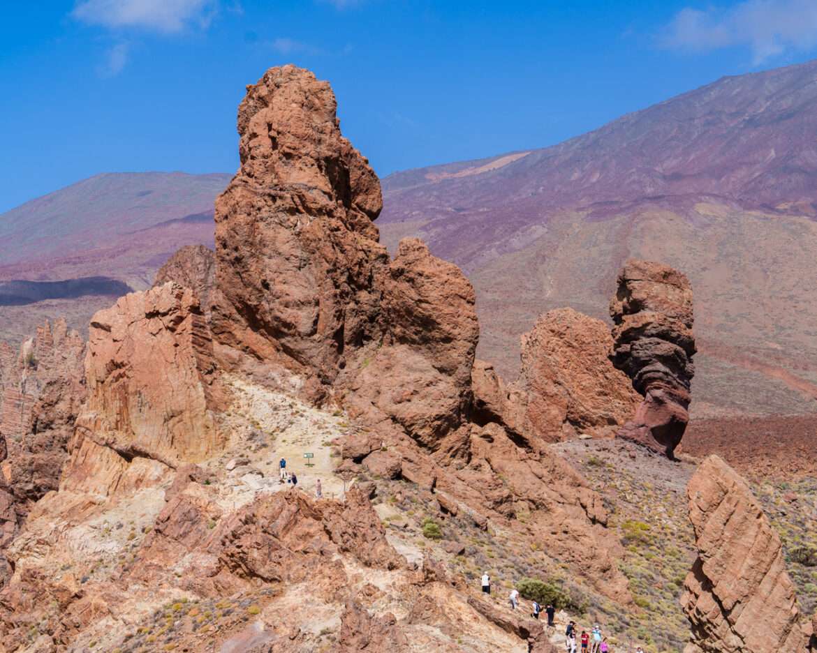 Red rock towers of the Roques de García with the Teide rising behind them, Las Cañadas, Tenerife