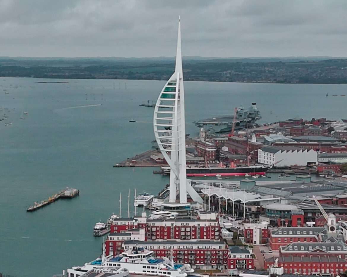 Portsmouth Harbour from the air with the Spinnaker Tower and Gunwharf Quays below