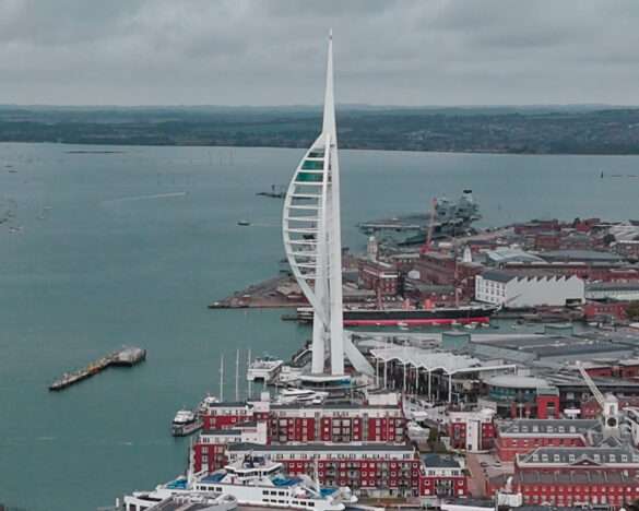 Portsmouth Harbour from the air with the Spinnaker Tower and Gunwharf Quays below