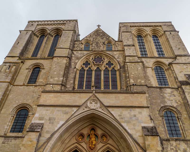 The west front of Chichester Cathedral with its twin towers and great window