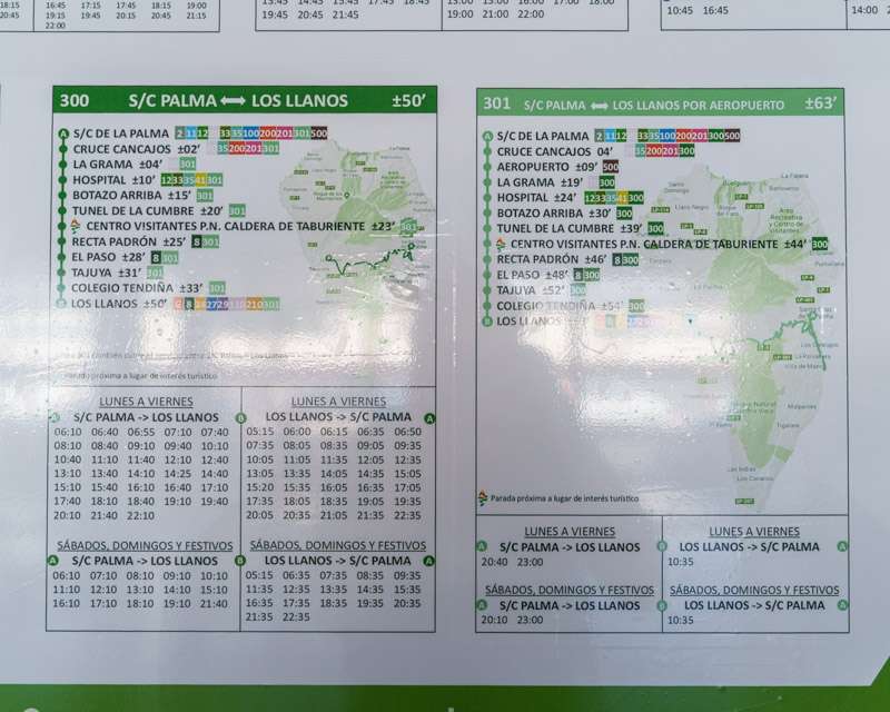 Fahrplantafel der Linien 300 und 301 zwischen Santa Cruz de La Palma und Los Llanos