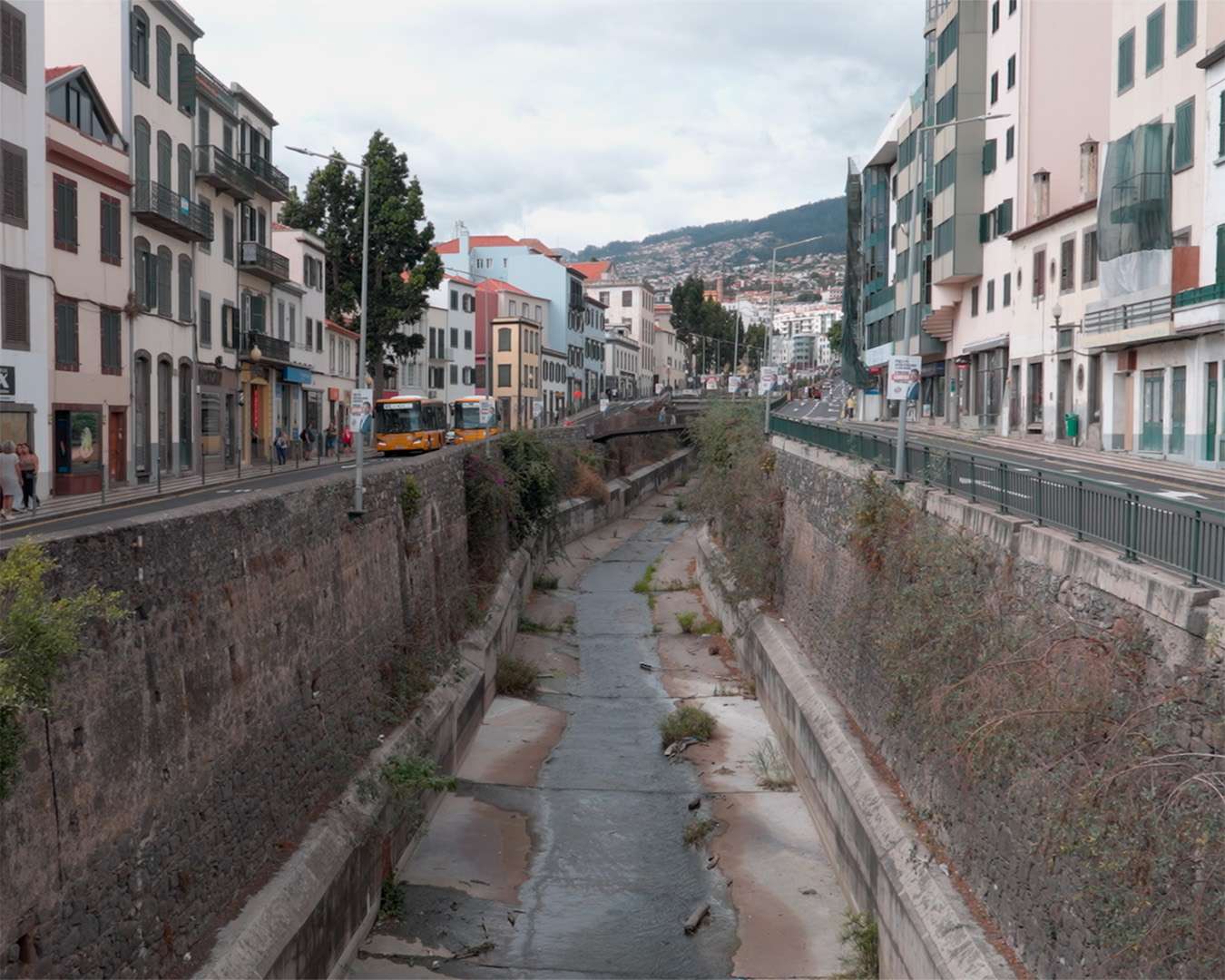 One of Funchal's three canalised rivers running almost dry between the city streets