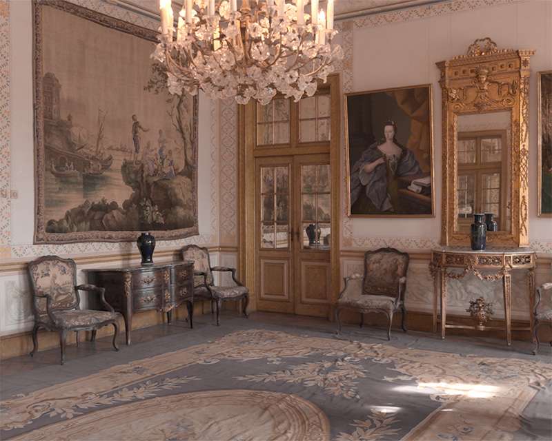 Empfangsraum in Queluz mit Kronleuchter, goldgerahmten Porträts und gemustertem Teppich