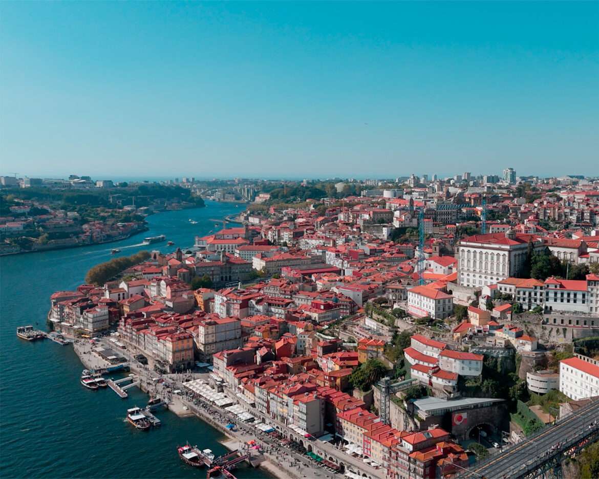 Porto's old town and the Ribeira quay from above, the Douro running out to the Atlantic