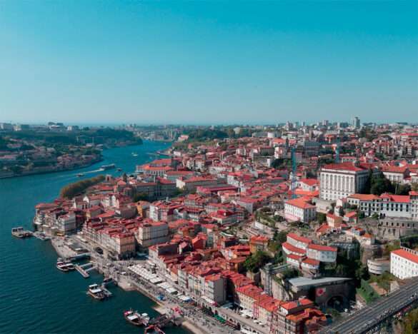 Porto's old town and the Ribeira quay from above, the Douro running out to the Atlantic