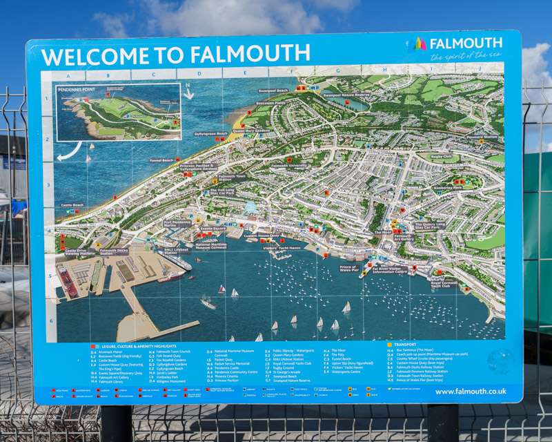 Welcome to Falmouth orientation map board showing the town, the docks and Pendennis Point