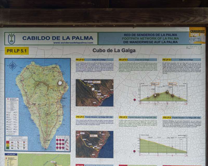 Cabildo de La Palma information board at the trailhead naming the footpath PR LP 5.1 Cubo de La Galga