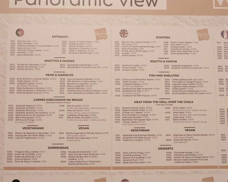 Printed menu of the Panoramic View restaurant at the Madeira Story Centre in Funchal with prices