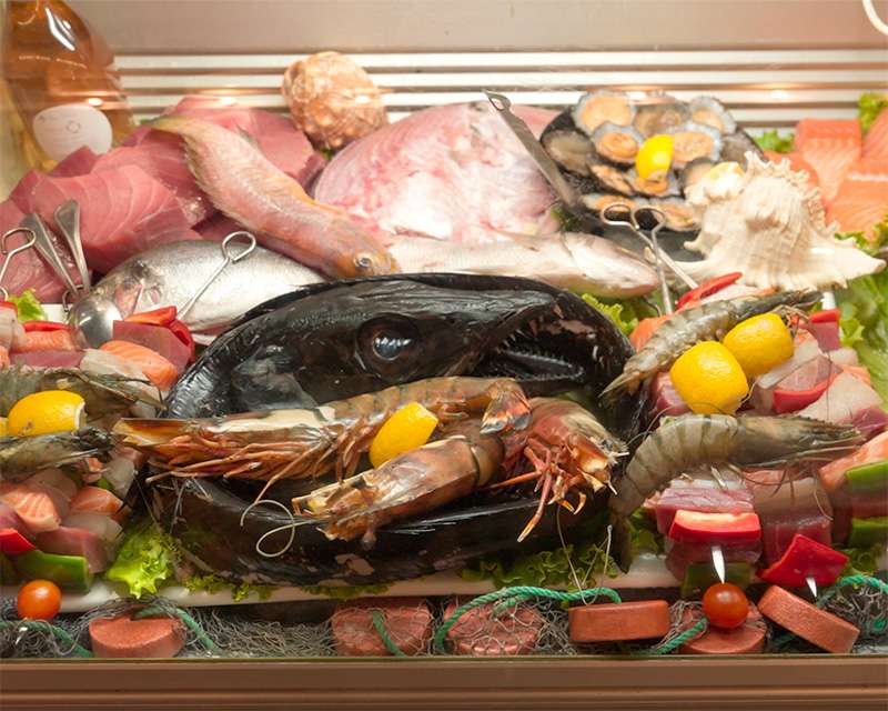 Display of fish and shellfish on ice outside a restaurant in Funchal old town
