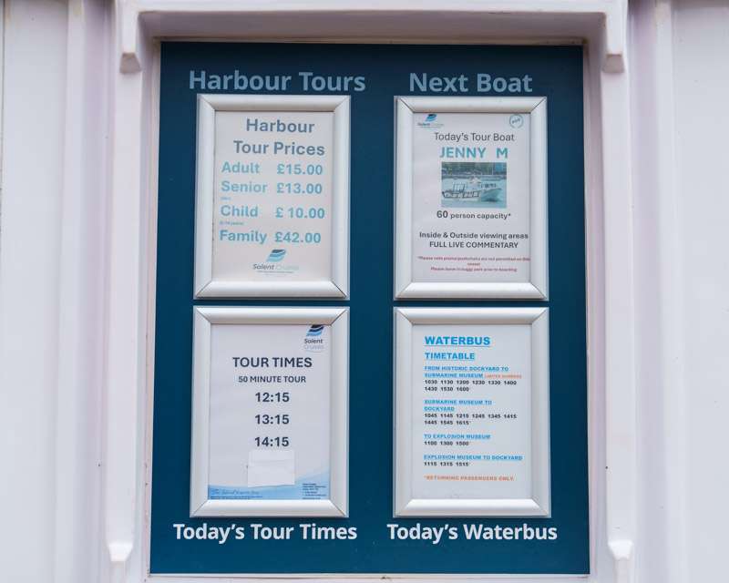Harbour tour price and timetable board at Portsmouth Historic Dockyard
