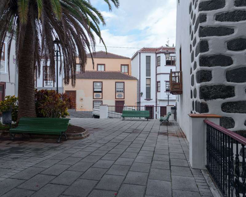 Plaza in San Andrés with a palm, benches and the dark stone corner of the parish church