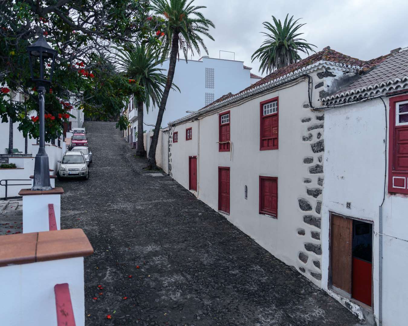 Narrow lane in San Andrés with whitewashed walls, dark red doors and palms above the rooftops