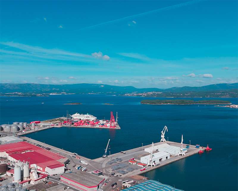 Aerial view of the commercial and cruise quays of the port of Vilagarcía de Arousa in the Ría de Arousa