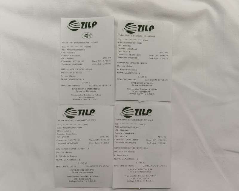 Four TILP bus tickets from one day between Santa Cruz de La Palma, Los Llanos and Tazacorte