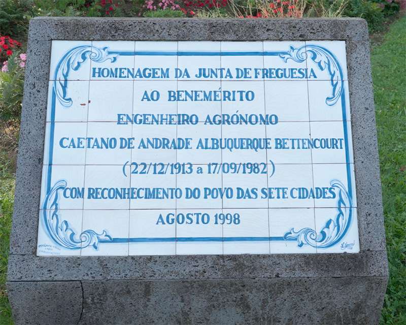 Azulejo plaque at Sete Cidades honouring the agronomist Caetano de Andrade Albuquerque Bettencourt