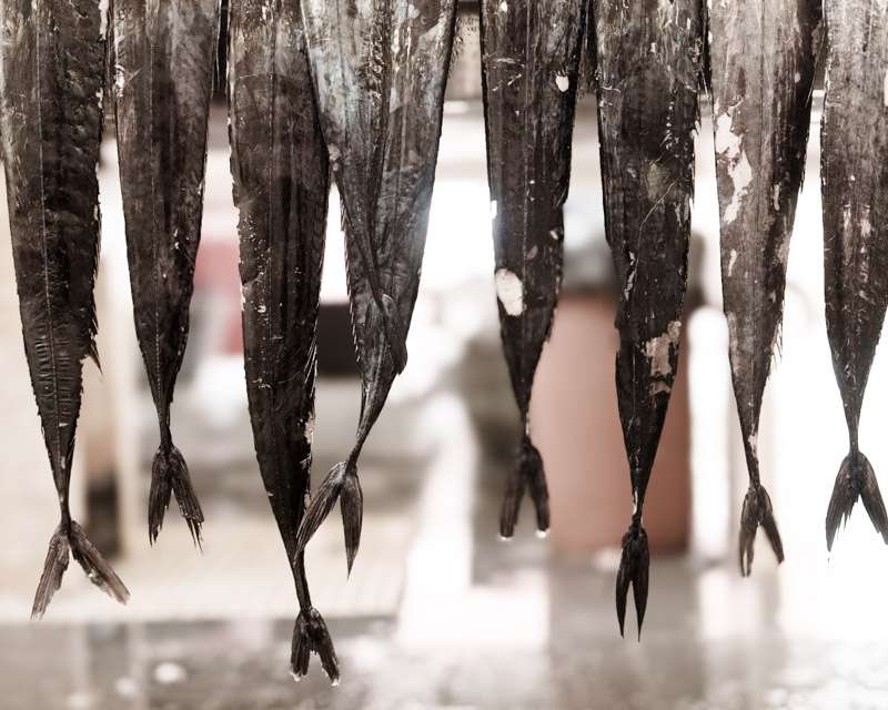 Black scabbard fish hanging in the fish hall of the Mercado dos Lavradores, Funchal