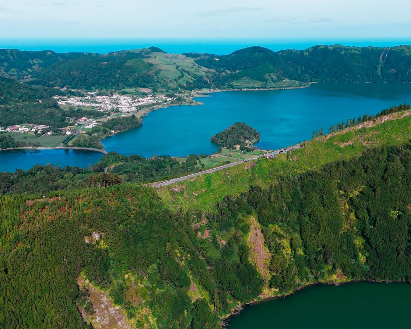 Lagoa de Santiago in the foreground with Lagoa Azul and the Atlantic behind, Sete Cidades